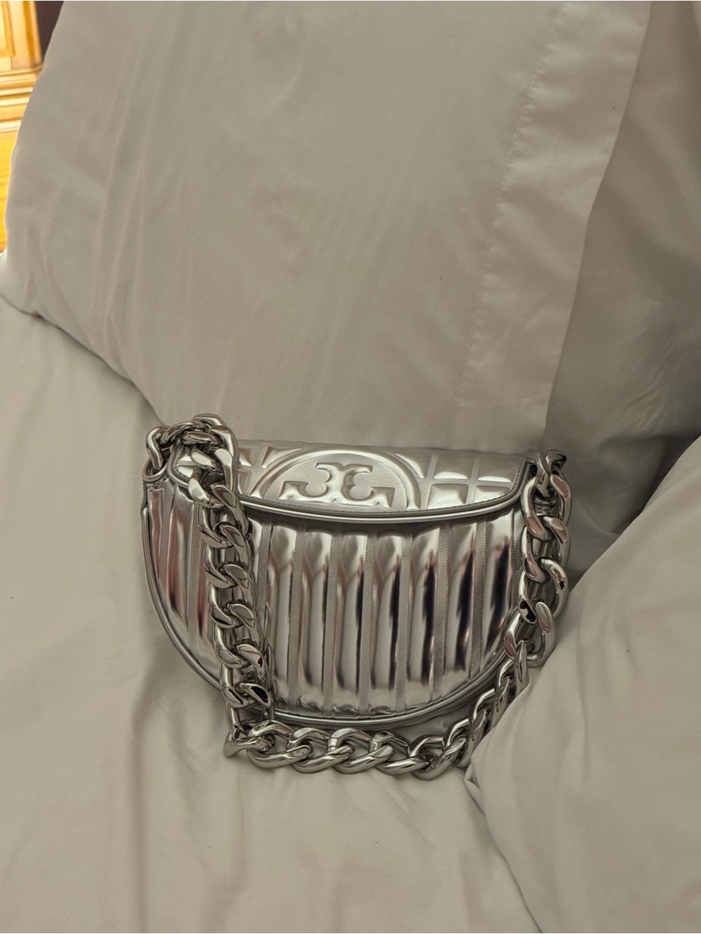 Tory Burch Metallic silver 1/2 moon Fleming.